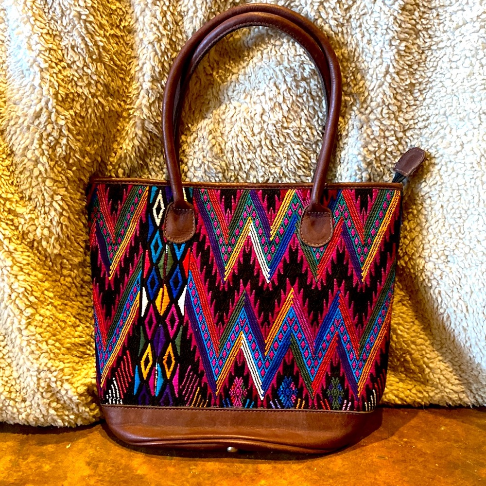 Exotic-multicolor Huipil bag w leather handles and base